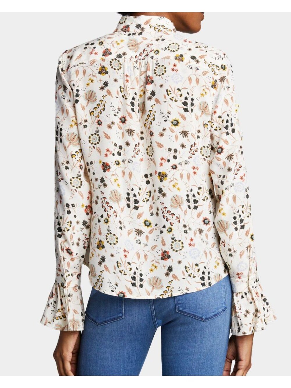 FRAME 70s Ruffled Silk Floral Blouse Size L Off White Multi NWT - Picture 3 of 13